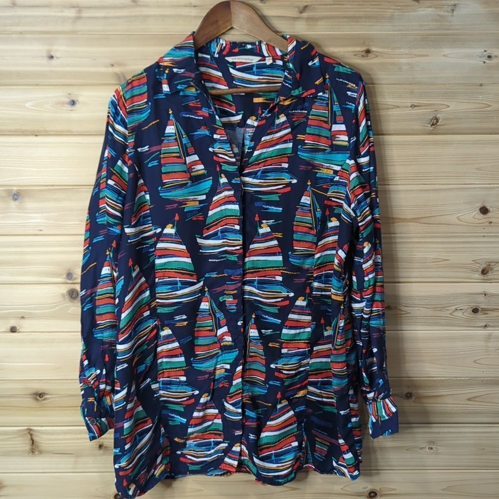 Soft Surroundings Top Womens Large‎ Blue Nautical Sailboat Print Blouse